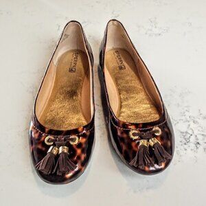 Sperry Tortoise Print Patent Suede Tassel Flats